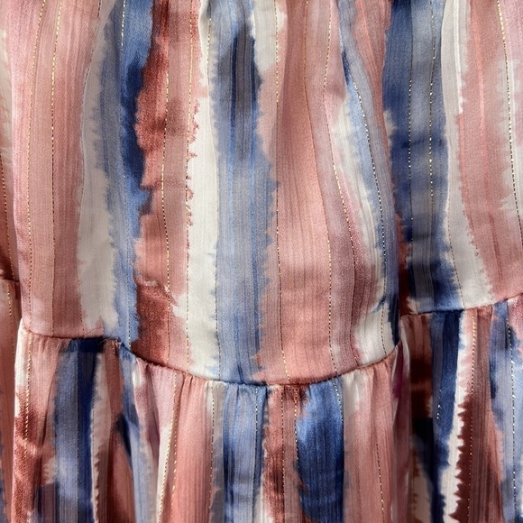 Storia Pink And Blue Gold Shimmer Watercolor Tiered Midi Dress Size M - Picture 12 of 13